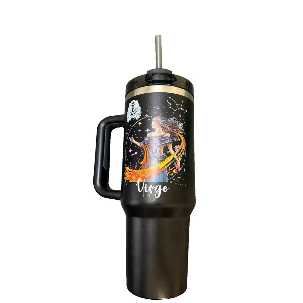 Virgo Zodiac Black Travel Tumbler Handle Lid Straw Astrology Celestial Design